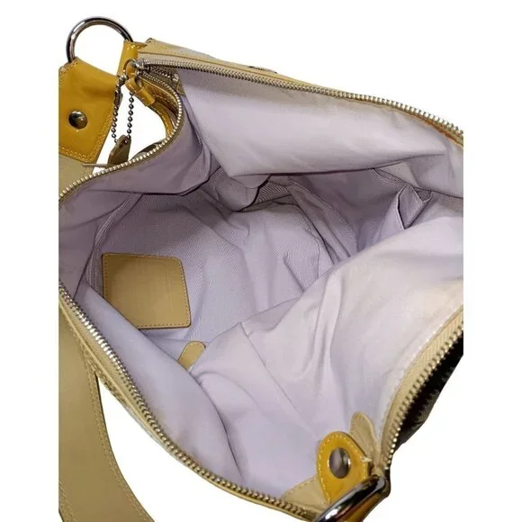 Coach Tan/Brown Signature Canvas Hobo Bag With Mustard Yellow Patent Leather Tri - Picture 9 of 13